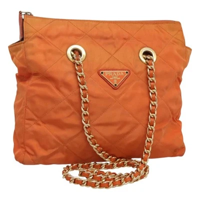 Bolsa de ombro PRADA corrente náilon laranja ouro autêntica 121685 - Imagem 1 de 4