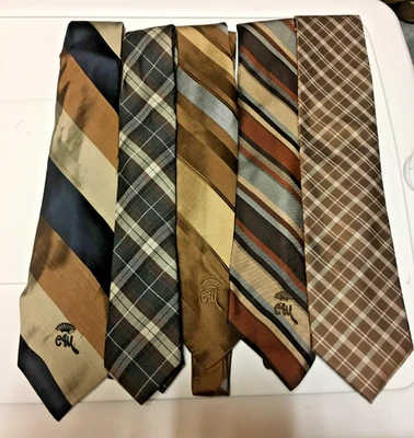 5 Beige, Brown & Blue Men’s Designer Ties - 100% Silk - Stripes & Plaid - Image 1 of 2