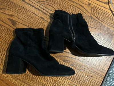 ¡LINDO! Eileen Fisher Talla 9 Negro Gamuza Botines Cremallera Lateral Tacón Bloque Botas Foto 1 de 4