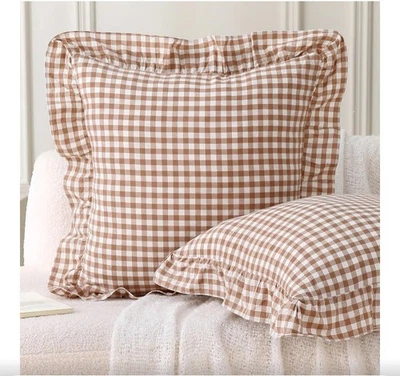 2 Pack Khaki &  White Plaid Ruffle Throw Pillow Covers,  Gingham Checked - Image 1 of 4