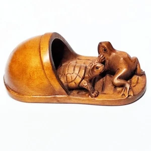 Y8197 - 2" handgeschnitztes japanisches Buchsbaum Netsuke - freundlicher Frosch und Schildkröte Schuh - Bild 1 von 7