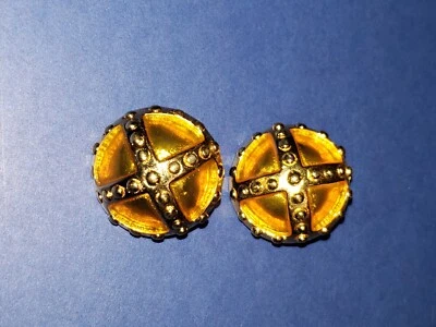 Juego de (2) botones vintage de metal dorado y esmalte amarillo aspecto corona redonda Foto 1 de 4
