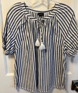 Talbots size L Charcoal White Striped 100% Cotton Popover Blouse Top Tassel Ties - Bild 1 von 9