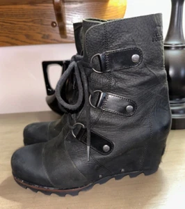 SOREL Joan of Arctic Wedge botas de cuero negras talla 8 EU 39 EUC 1987-010 - Imagen 1 de 8