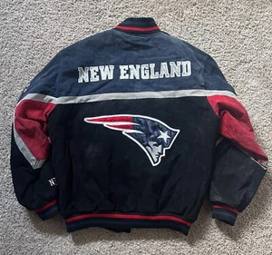 New England Patriots NFL Brand Suede Leather Bomber Jacket Coat Mens Size L - Bild 1 von 10