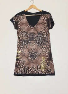 Christian Audigier Brown Pattern Tiger Studded Velvet Detail Top Shirt Medium - Picture 1 of 12