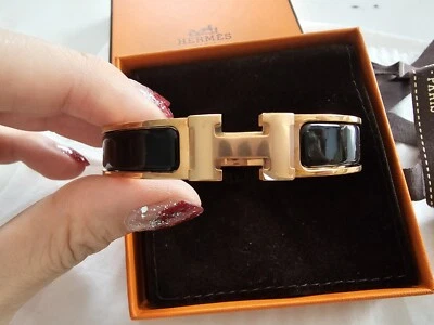 Auténtico Brazalete Hermes Clic H Esmalte Negro Placa Oro Rosa GM Foto 1 de 4