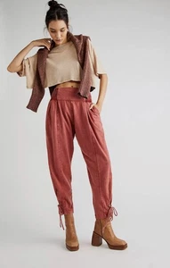 Free People One Billie Pants Size Small Smocked Pleated Pocket Tie Waistband Red - Picture 1 of 8