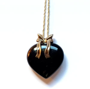 Vintage .925 Sterling Silber Schleife & schwarzer Onyx Herz Halskette - Bild 1 von 3