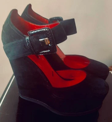 Cesare Paciotti Women Platform Wedge Black Suede Snake Leather Buckle Cl size 39 - Image 1 of 4