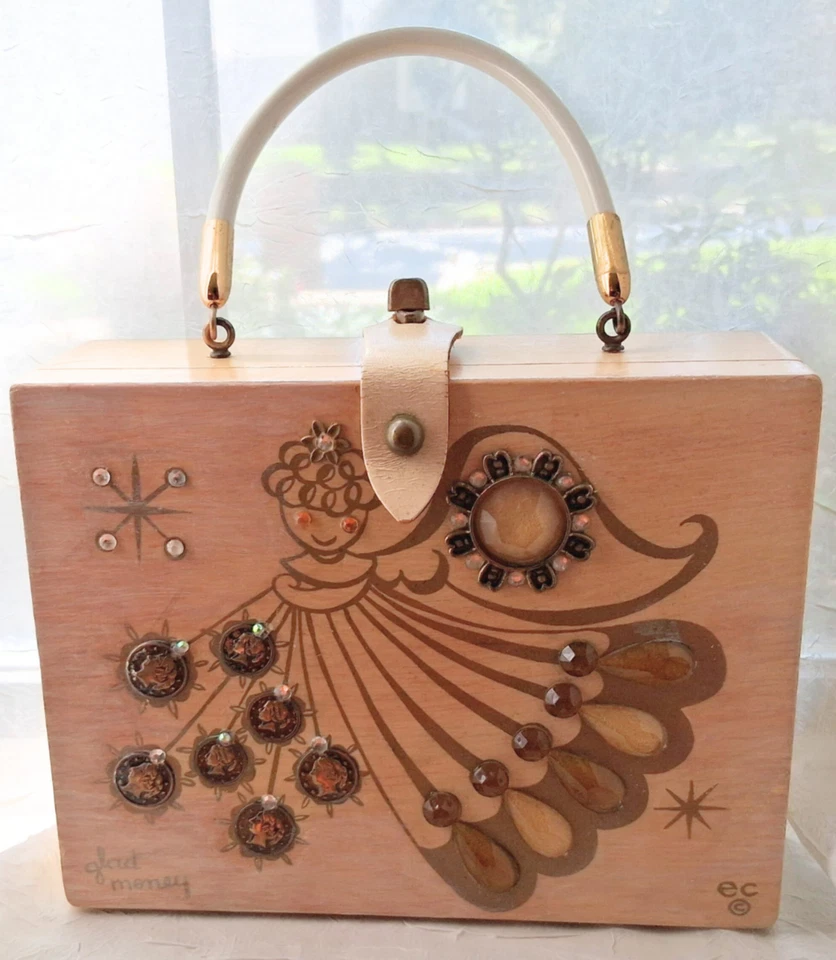 Raro 1968 Enid Collins Texas "Glad Money" Caja Bolso Monedero Joyas Monedas Oro Ángel Foto 1 de 4