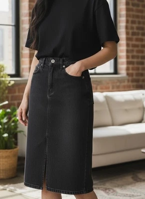 MNG Mango Black Denim Midi Skirt Women’s Size M Front Slit Pencil Jean - Image 1 of 4