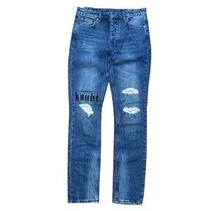 Pantalones de mezclilla ajustados con logotipo lavado medio Streetwear Y2K KSUBI para hombre talla 32x32 - Imagen 1 de 8