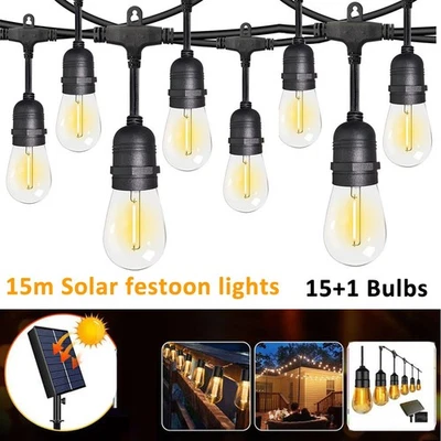 15M LED Festoon Lights Solar String Light Waterproof Wedding Party Outdoor Bulbs - image 1 of 4