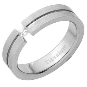 5mm Titanium Band Princess CZ Clear CZ Solitaire Men's Wedding Band Ring - Picture 1 of 6