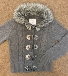 Justice Cable Knit Cardigan Sweater Girls 8 Faux Vegan Fur Collar Toggle Button - Picture 1 of 7