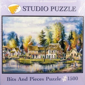 Bits And Pieces (1500 Pc.) Studio Puzzle "Village Lake" Painting By Kirk Randle - Picture 1 of 7