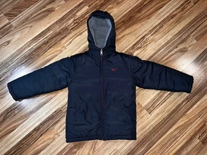 Nike Kids Puffer Hooded Coat Jacket Reversible Sherpa Y2K Size 6 Black Red Gray - Picture 1 of 7
