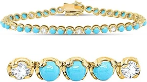 1 Day Ship 1.23 CT Natural Diamond & Turquoise Tennis Bracelet in 925 Silver 7" - Picture 1 of 10
