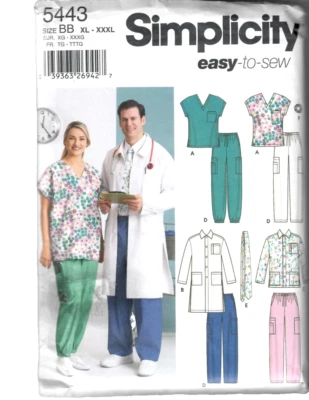 Scrubs Pattern Top Pants LAB Coat Men & Women Simplicity 5443 SZ XL-XXL UNCUT - Image 1 of 4