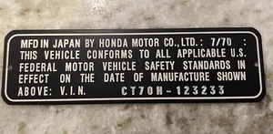 Honda CT70, SL70, Z50 Mini Trail VIN# etiqueta de identificación de tubo de cabeza grabada personalizada coleccionista - Imagen 1 de 3