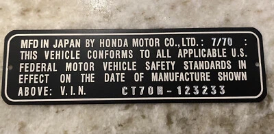 Honda CT70, SL70, Z50 Mini Trail VIN# Head-Tube ID Tag Custom Engraved. USA MADE - Image 1 of 3