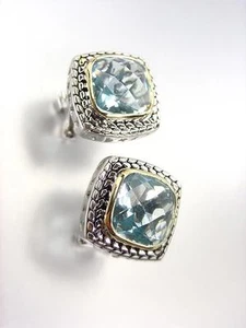EXQUISITE Balinese Silver Wheat Cable Gold Blue Topaz CZ Crystal Square Earrings - Picture 1 of 3