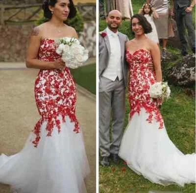 Elegant Mermaid Wedding Dresses Sweetheart Red Applique Sleeveless Bridal Gowns  - Image 1 of 4