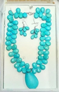 Vintage Signed Stauer Turquoise Blue Colored Stone Necklace and Earring Gold Ton - Picture 1 of 3