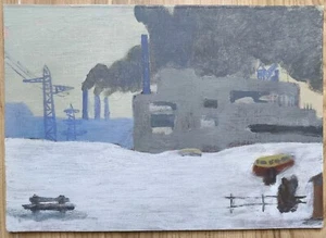 Antique Vintage Oil Painting landscape Social realism Ussr Soviet Industry Plant - Picture 1 of 8