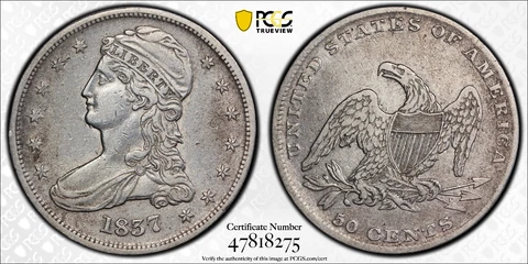 1837 Reeded Edge Capped Bust Half Dollar 50c PCGS VF Detail Gold Shield TrueView Cover