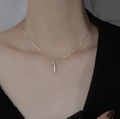 Women 14ct Gold Plated Vertical Bar Silver Dainty Shiny Crystal Pendant Necklace - Image 1 of 4