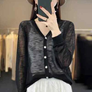 Summer V-Neck Long Sleeve Loose Transparent Cardigan Air Conditioned Shirt - Picture 1 of 31