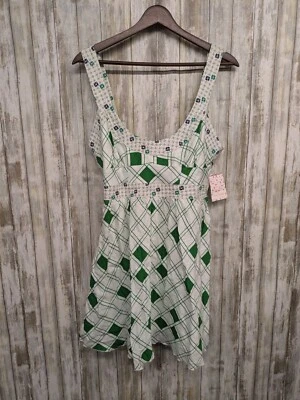 Vestido Babydoll Free People Y2K Talla 10 Lino Algodón Mini Cuello Profundo Retro Verde Foto 1 de 4