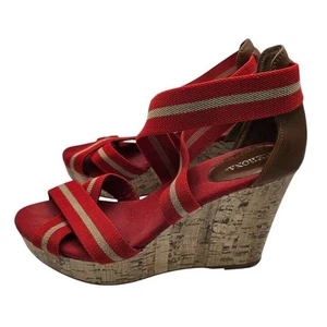 Vintage Y2K Merona Womens Sz 9 Red and Beige Strappy Cork Wedge Heels Shoes - Picture 1 of 5