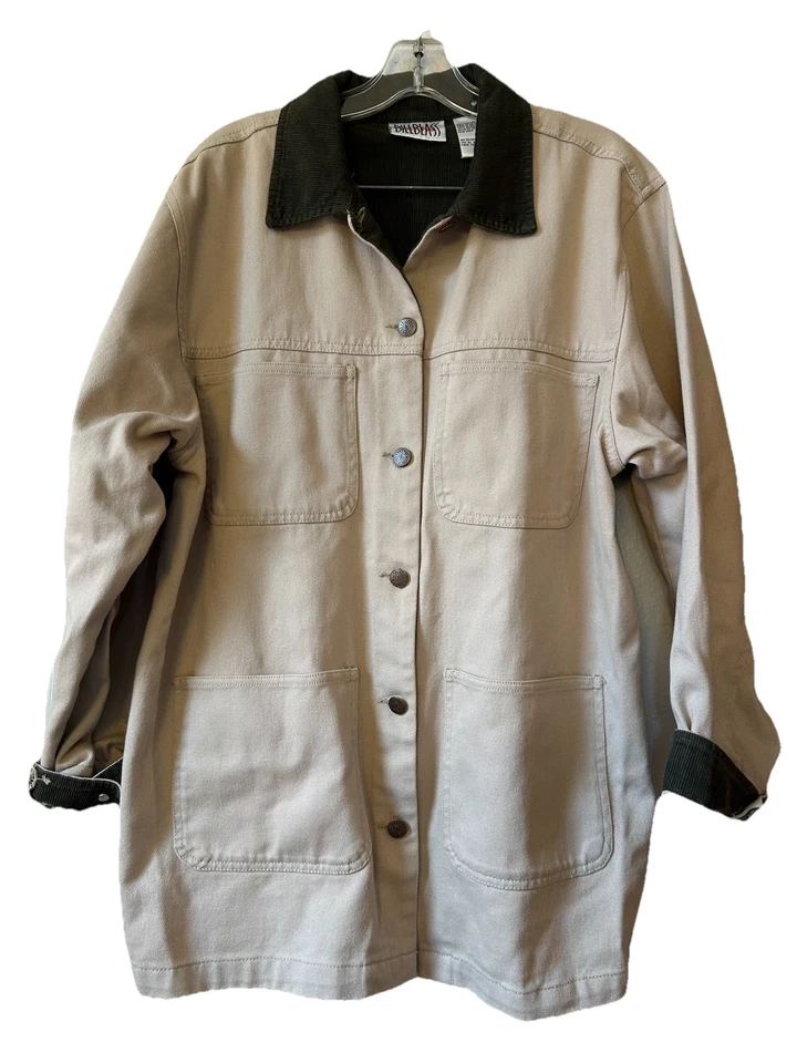 Bill Blass Women’s Beige Chambray Chore Coat W/ Loden Cord Collar , Cuffs L - Image 1 of 4