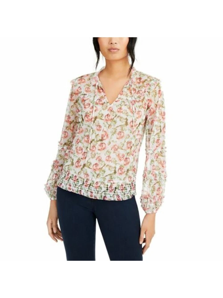 Inc Womens Blouse White Size Medium M Floral Mesh Ruffled Peasant 308