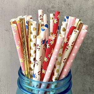 210 Paper Straws Floral Gold Polka Dots Cake Pop Sticks Party Straw - Picture 1 of 4