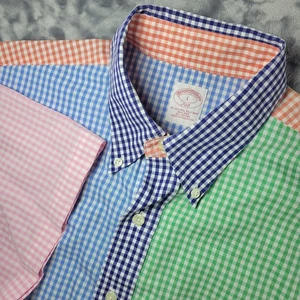 Brooks Brothers Button Down Patchwork Shirt Men L Multicolor Short Sleeve Check - Picture 1 of 5