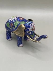 Vintage Messing Emaille asiatischer Cloisonné Glückselefant 4" Figur Rüssel oben blau - Bild 1 von 8