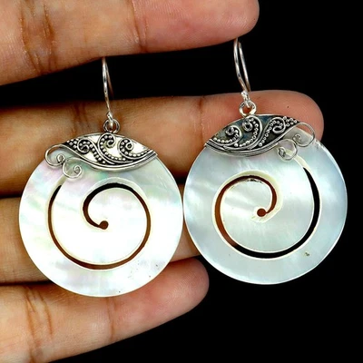 925 Sterling Silver Earrings Round Mother Of Pearl 28mm Natural Gemstone Jewelry - Image 1 of 4