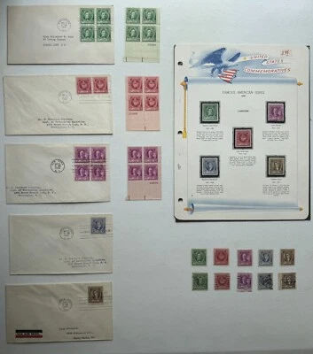 US Stamps 1940s 5 FDCs, 3 Plate Blocks MNH & Used Singles Composers Great AM Ser - Image 1 of 4