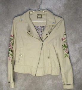 Jou Jou Moto Jacket Womens Small Beige Embroidered Sleeves Side Zip Pockets - Picture 1 of 15