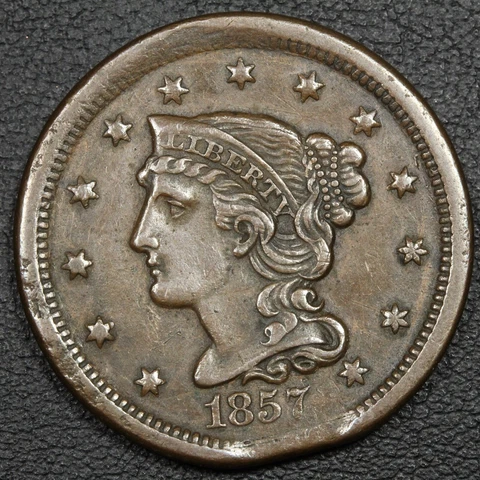 1857 Small Date Braided Hair Copper Large Cent (Awesome Clip Mint Error!) Cover