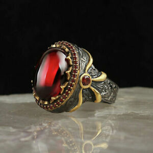 925 STERLING SILVER HANDMADE JEWELRY LAB-CREATED CABOCHON RED RUBY MENS RING