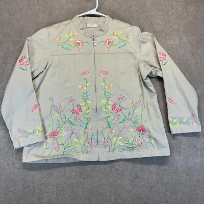 Quacker Factory Butterfly Flower Jacket Women's XL Tan Embroidery Full Zip Band - Image 1 of 4