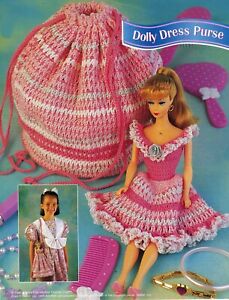 3X Barbie 11-1/2" Doll Dress In Purse Tote Duffel Shoulder Bag Crochet Patterns