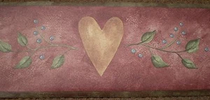 Country Tan Hearts & Blue Berries on Burgundy Border by Brewster FDB05821 - Picture 1 of 8