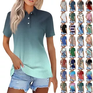 Women's Fashion Casual Lapel Short Sleeve Line Print Shirt Women's Button Up - Picture 1 of 36
