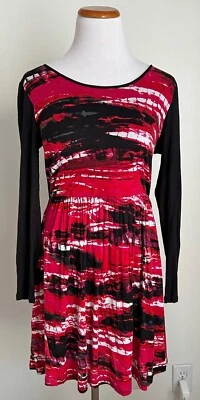 Kensie Pieces Black White Red Poppy Long Sleeve Knit Dress, Stretchy, Size Small - Image 1 of 4